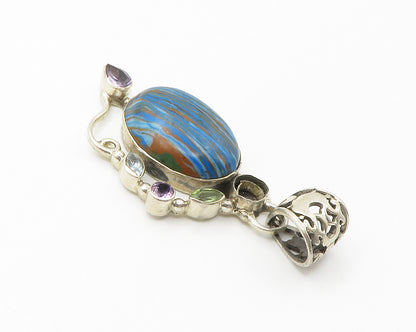 925 Silver  Vintage Striped Jasper Amethyst Topaz & Peridot Pendant  PT11304