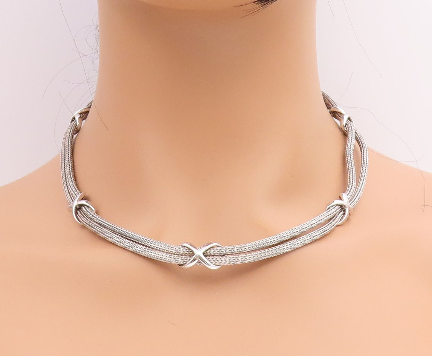 925 Sterling Silver Vintage Necklace Woven Infinity Knot Mesh Choker  NE4792