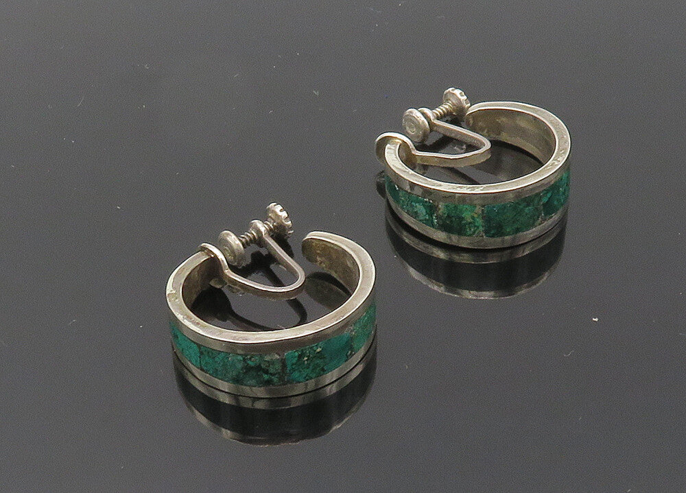MEXICO 925 Silver  Vintage Inlaid Turquoise Non Pierce Hoop Earrings  EG10019