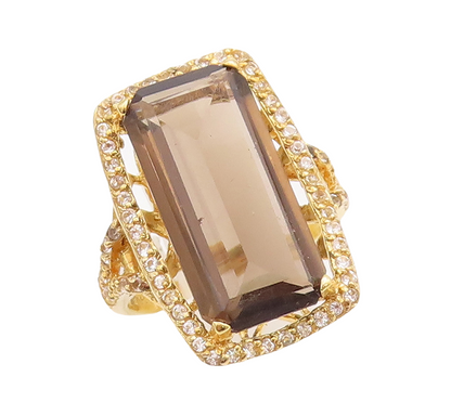 925 Sterling Silver Vintage Ring Gold Plated Smoky Quartz & Topaz Sz 7.5 RG29731