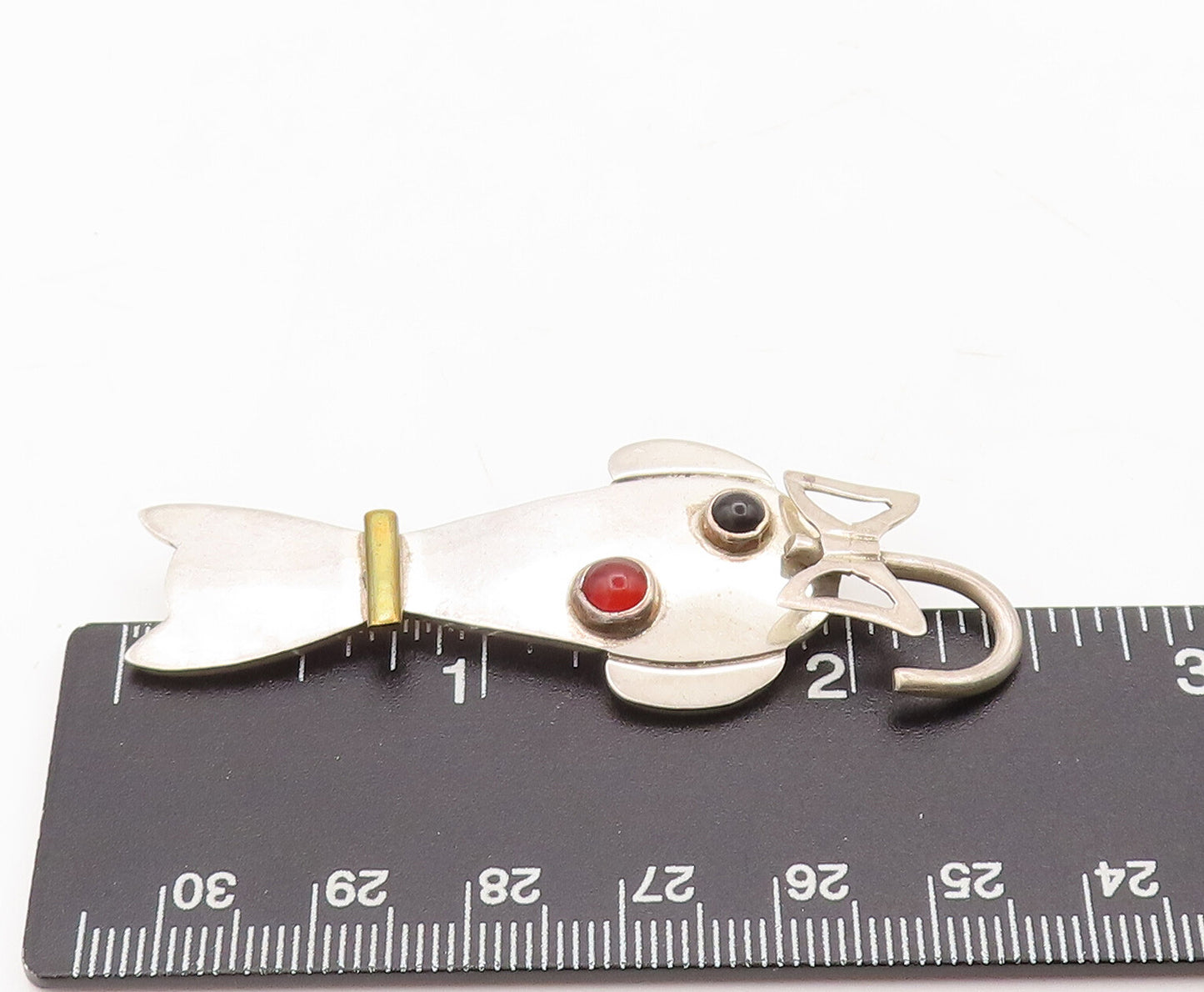 925 Sterling Silver Vintage Brooch Pin MEXICO Onyx Garnet Cat Bow Tail  BP10534