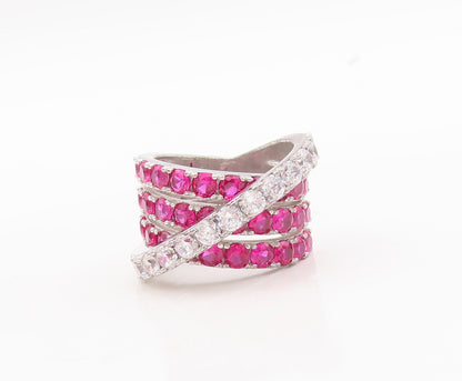 925 Sterling Silver Vintage Ring Designer Pink & White CZ Bands  Sz 6  RG29760