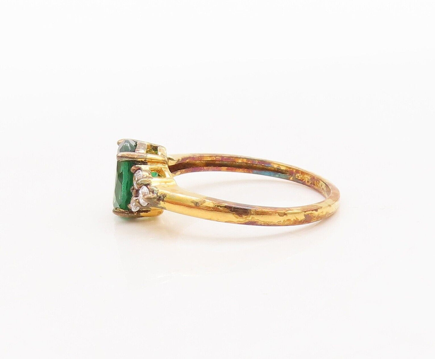 925 Sterling Silver Vintage Ring Gold Plated Green & White Topaz  Sz 7  RG29477