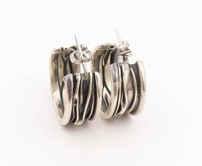 925 Sterling Silver Vintage Earrings Modernist Wavy Ribbed Wide Hoops  EG14108