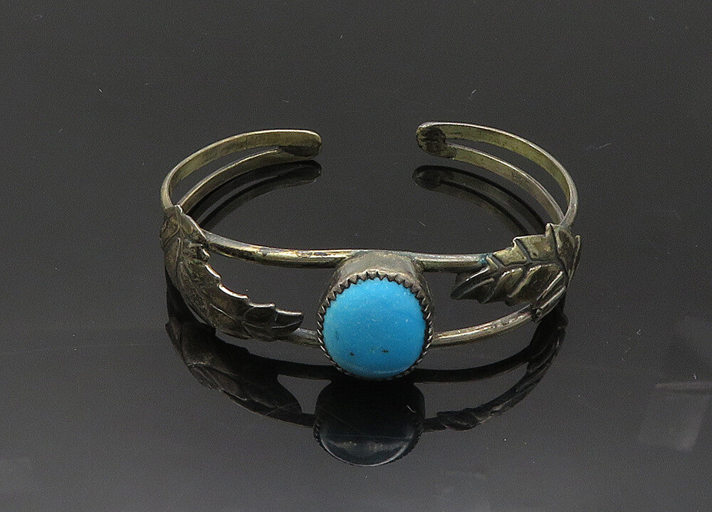 SOUTHWESTERN 925 Silver Vintage Turquoise Floral Leaf Cuff Bracelet BT8208