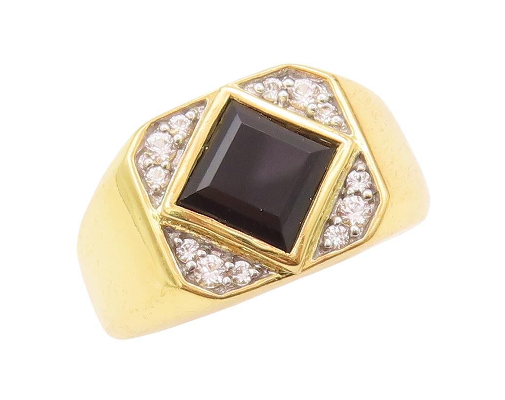 925 Sterling Silver Vintage Ring Gold Plated Square Onyx & CZ  Sz 10  RG28477