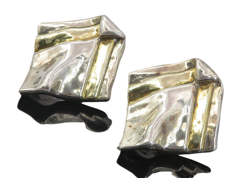 925 Sterling Silver  Vintage Modernist Sculpted Non Pierce Earrings  EG4282