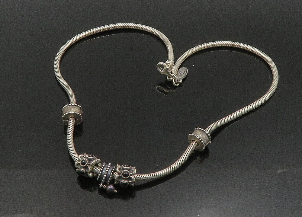 PANDORA 925 Silver   Vintage Black Onyx & Petite Pearl Chain Necklace  NE3698