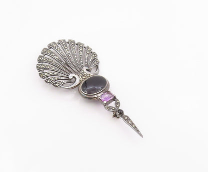 925 Sterling Silver Vintage Brooch Pin Multi Gemstone Shell Shaped Motif BP12447