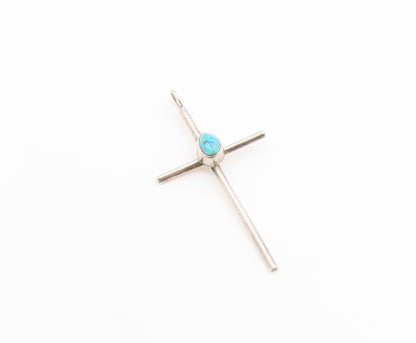 925 Sterling Silver Vintage Pendant Teardrop Turquoise Religious Cross  PT26660