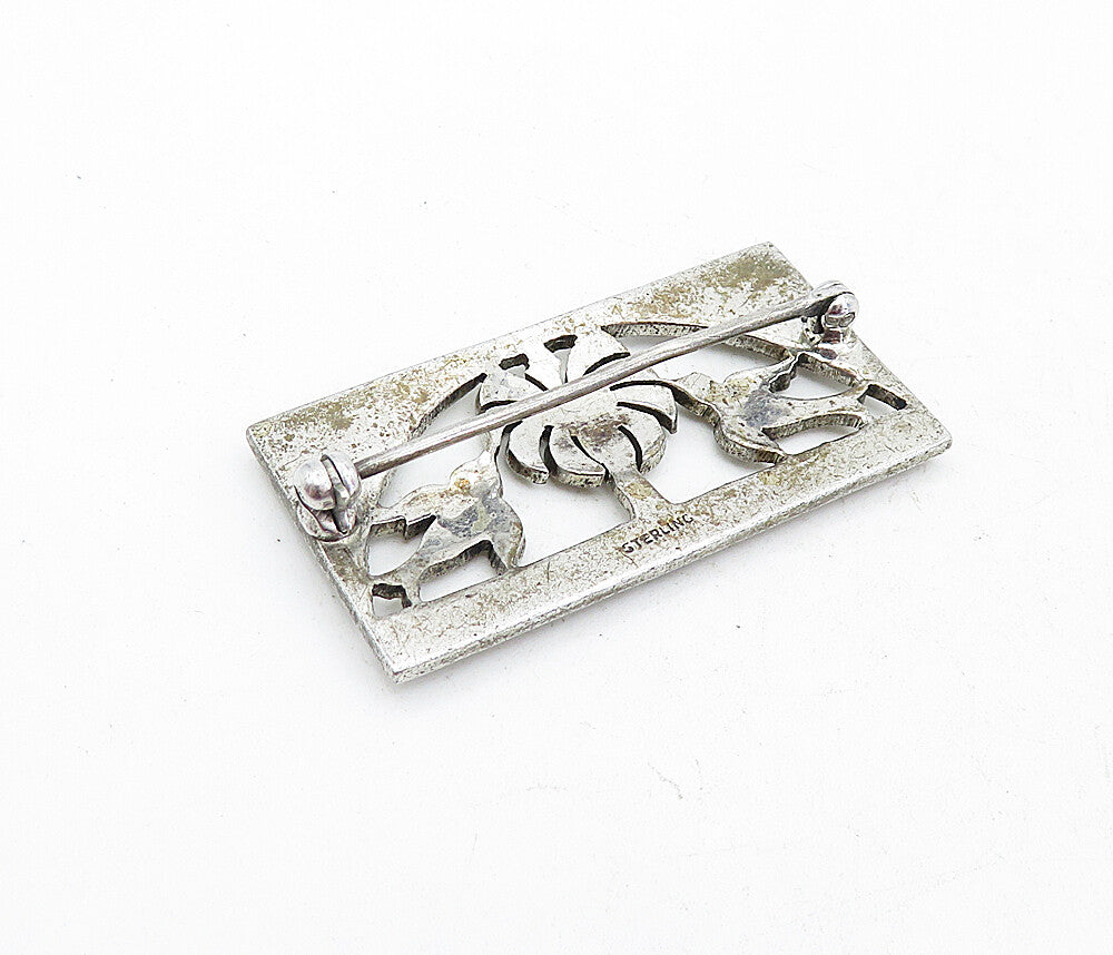 925 Sterling Silver  Vintage Sparkling Palm Tree & Birds Brooch Pin  BP1920
