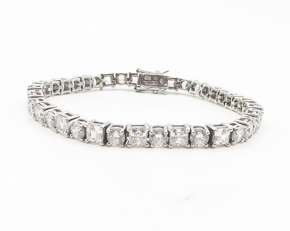 925 Sterling Silver  Shiny Cubic Zirconia Circle Square Tennis Bracelet BT4603