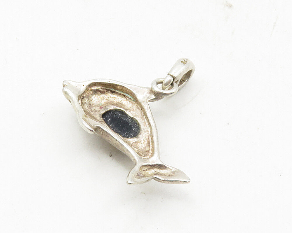 925 Sterling Silver  Vintage Cabochon Cut Amber Dolphin Motif Pendant  PT7721
