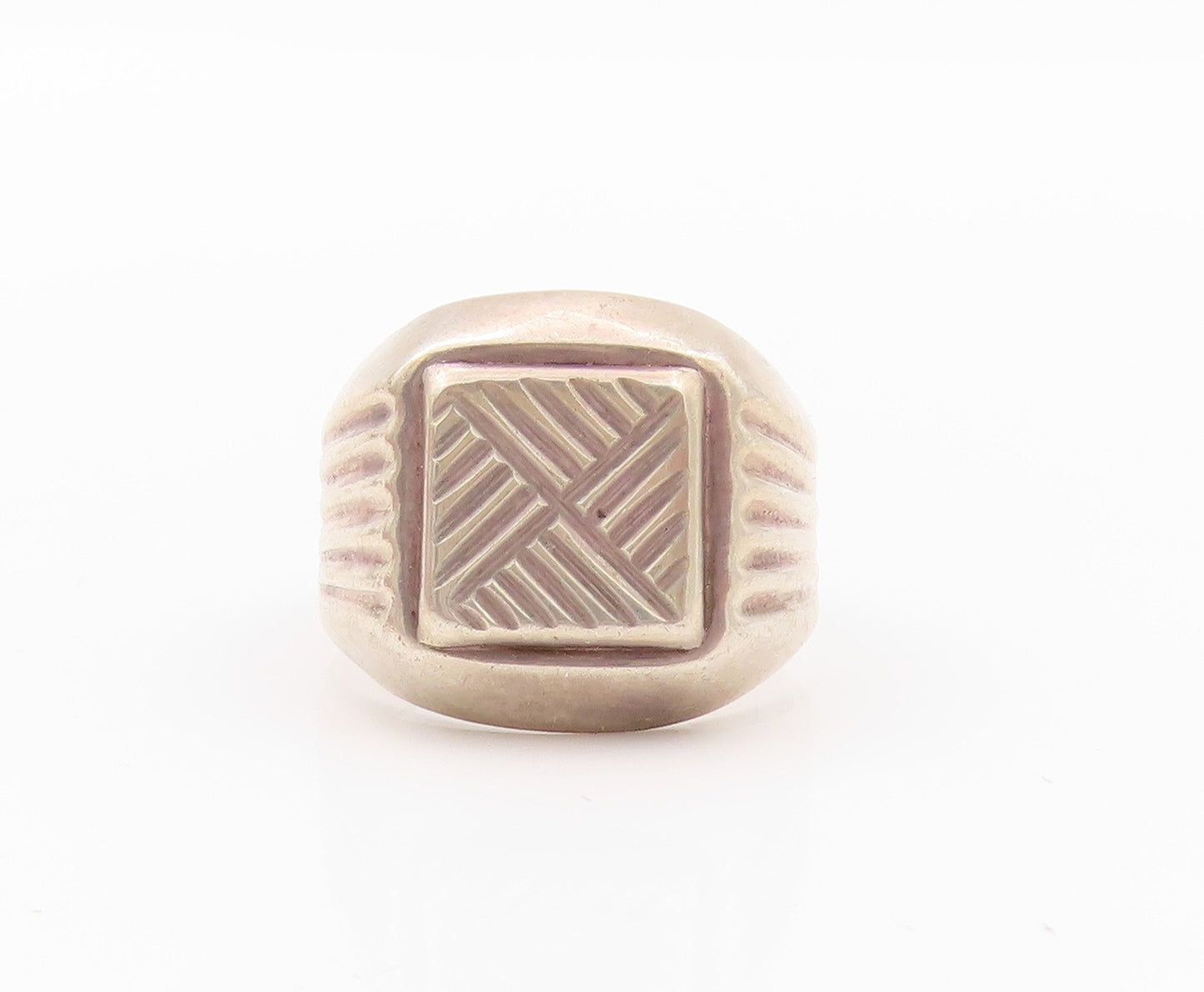 925 Sterling Silver Vintage Ring Modernist Grooved Signet Design  SZ 10  RG32304