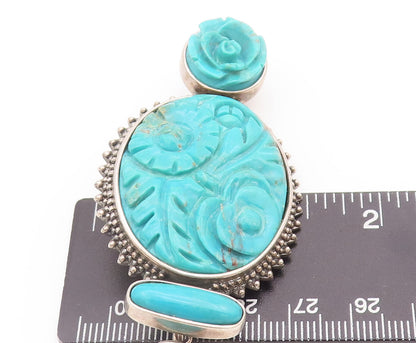 925 Sterling Silver Vintage Brooch Pin AMY KHAN RUSSELL Carved Turquoise BP10754