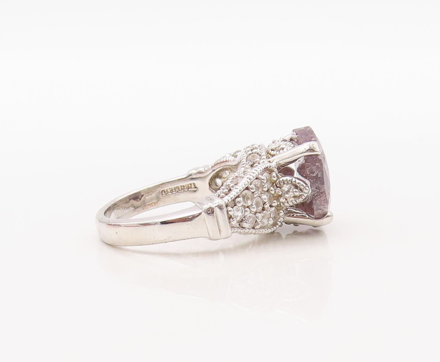 925 Sterling Silver Vintage Ring Round Cut Gemstone Flora Carved CZ Sz 7 RG30829