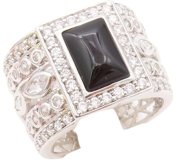 925 Sterling Silver Vintage Ring Designer Broad CZ Band & Onyx  Sz 6.5  RG30574