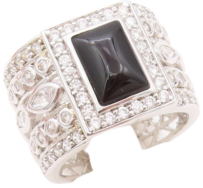 925 Sterling Silver Vintage Ring Designer Broad CZ Band & Onyx  Sz 6.5  RG30574