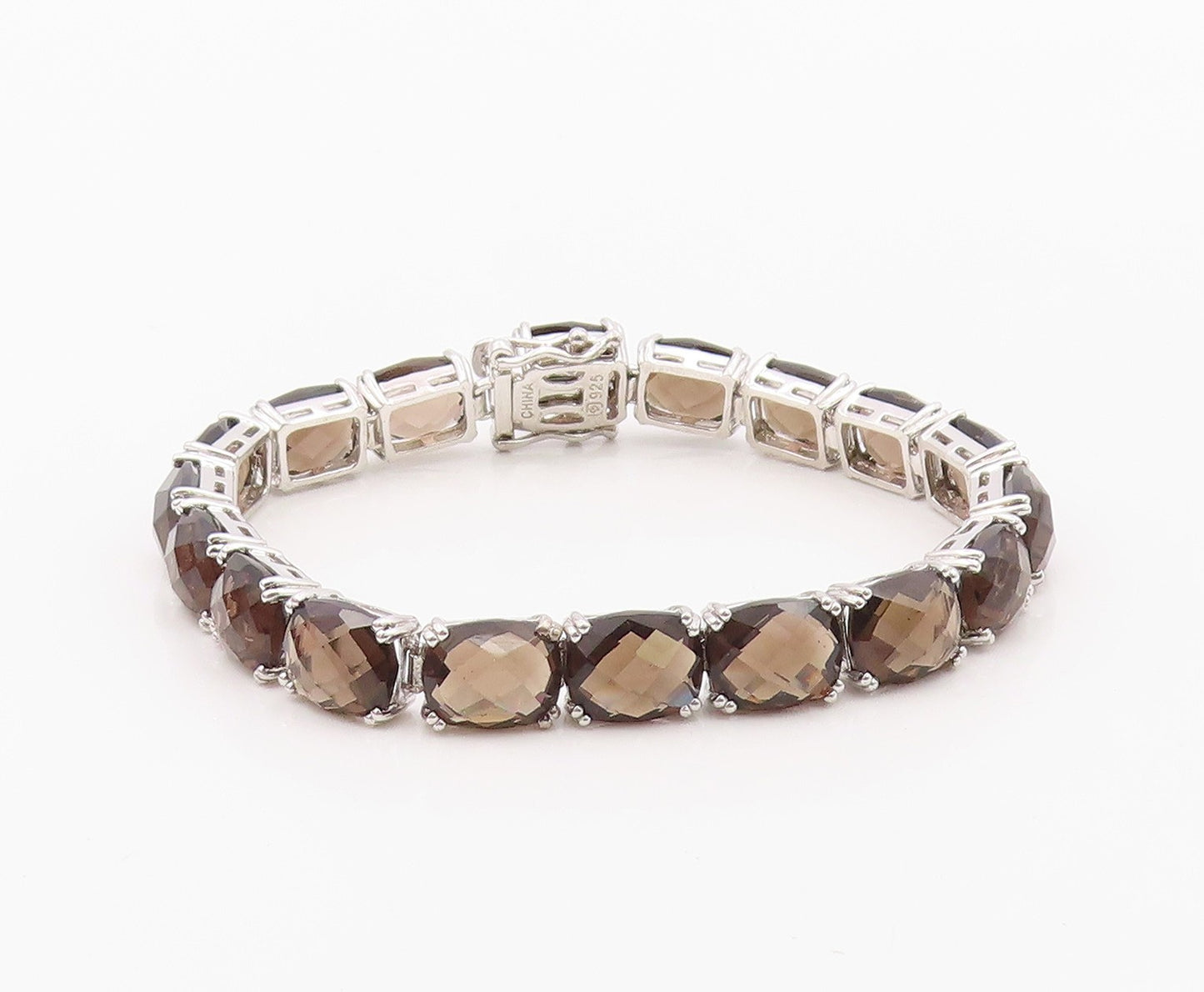 925 Sterling Silver Vintage Bracelet Faceted Smoky Quartz Tennis Link  BT12120