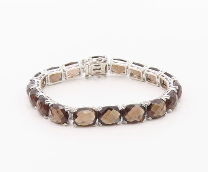 925 Sterling Silver Vintage Bracelet Faceted Smoky Quartz Tennis Link  BT12120