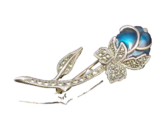 JUDITH JACK 925 Silver  Vintage Enamel & Marcasite Flower Brooch Pin  BP9599