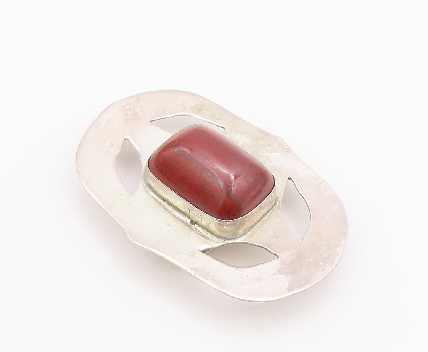 925 Sterling Silver Vintage Belt Buckle Carved Red Cabochon Gemstone  TR3765