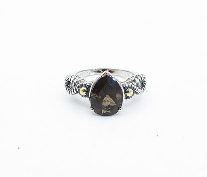 925 Silver & 18K GOLD  Smoky Topaz Two Tone Twist Solitaire Ring Sz 5  RG3945