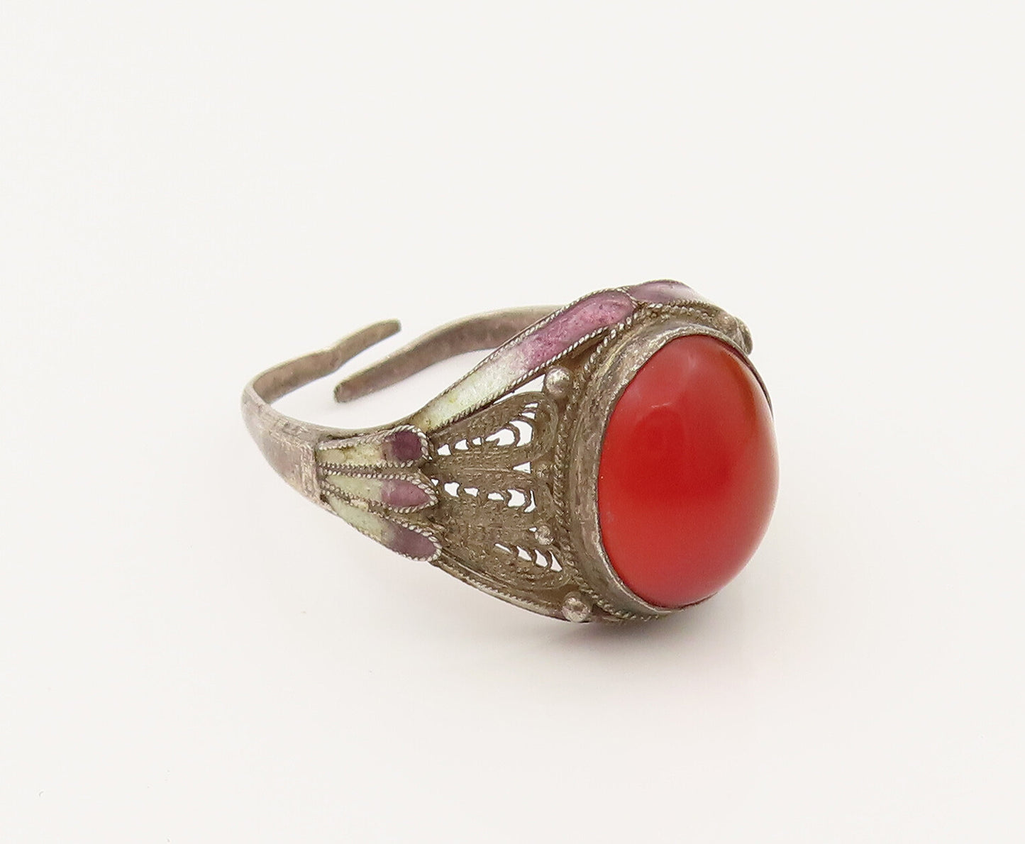 CHINESE 925 Sterling Silver Vintage Filigree Carnelian Ring Sz 9  RG26502