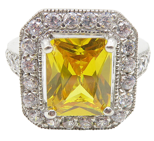 925 Sterling Silver  Yellow & White Cubic Zirconia Cocktail Ring Sz 7  RG10961