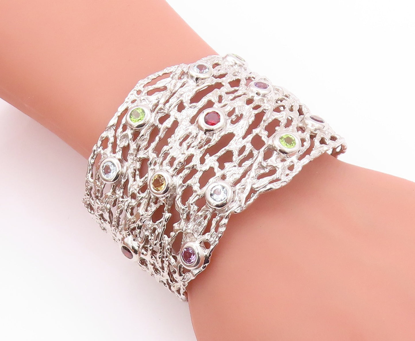 925 Sterling Silver Vintage Bracelet Brutalist Cut Gemstone Broad Cuff  BT11230