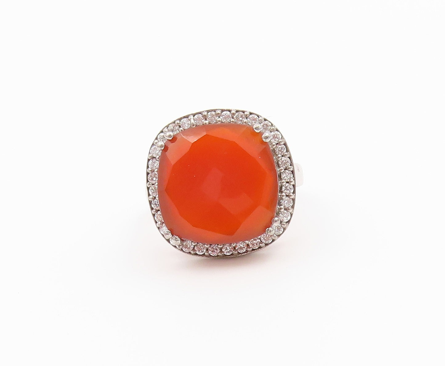 925 Sterling Silver Vintage Ring Faceted Carnelian Halo CZ Band  Sz 7.5  RG36569