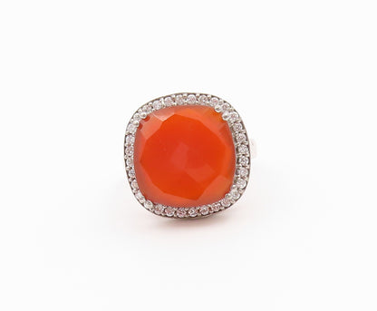 925 Sterling Silver Vintage Ring Faceted Carnelian Halo CZ Band  Sz 7.5  RG36569