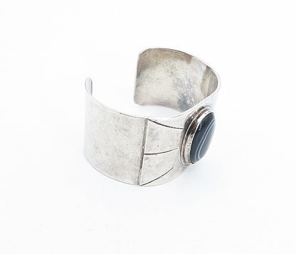 925 Sterling Silver  Vintage Agate Shiny Etched Wide Cuff Bracelet  BT1554