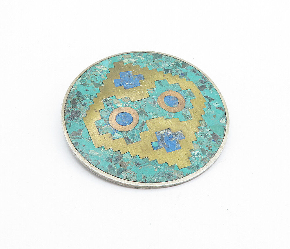 MEXICO 925 Silver Vintage Turquoise & Jasper Pattern Round Brooch Pin BP2614