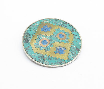 MEXICO 925 Silver Vintage Turquoise & Jasper Pattern Round Brooch Pin BP2614