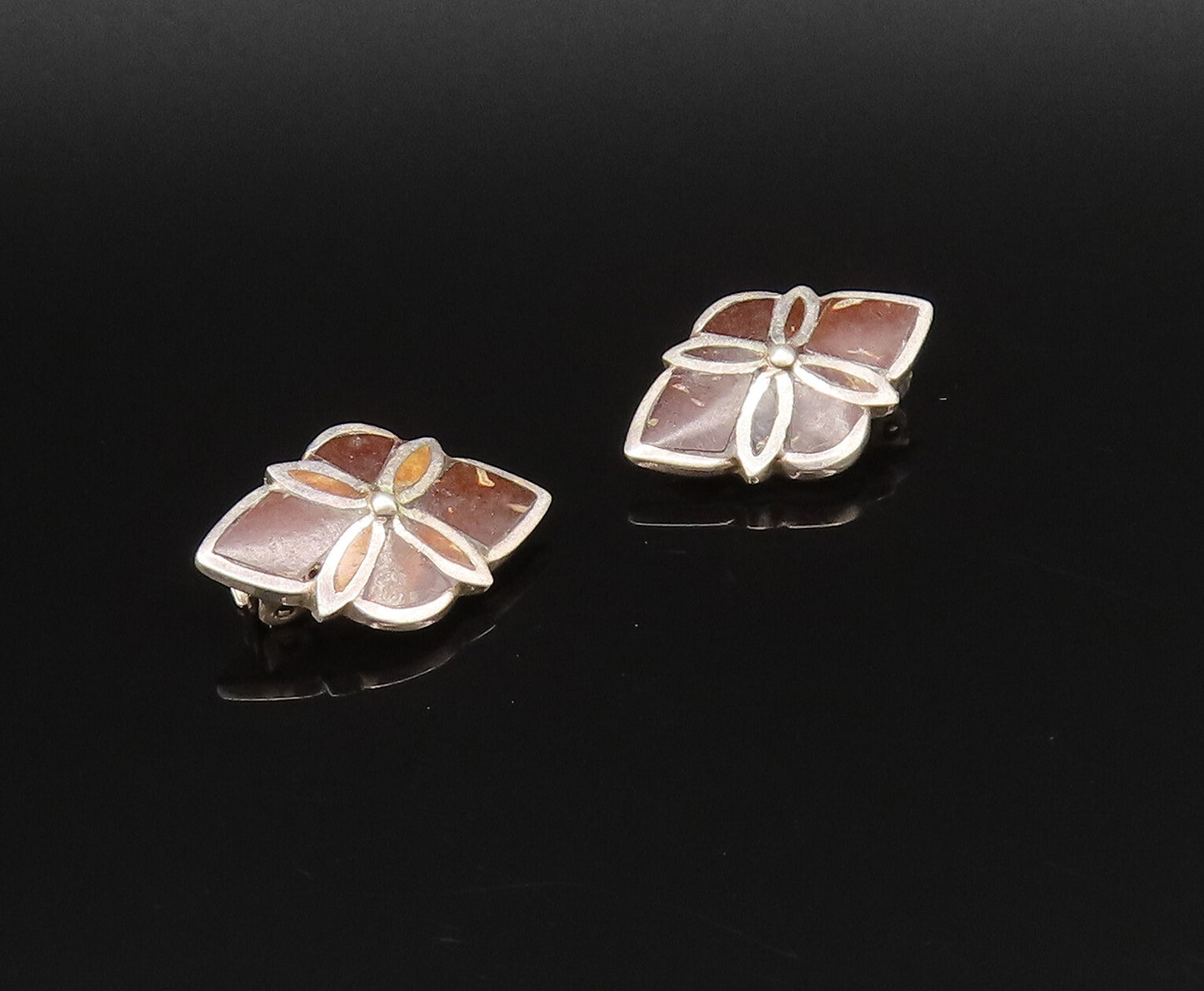 925 Sterling Silver  Vintage Inlaid Tiger's Eye Non Pierced Earrings  EG12004