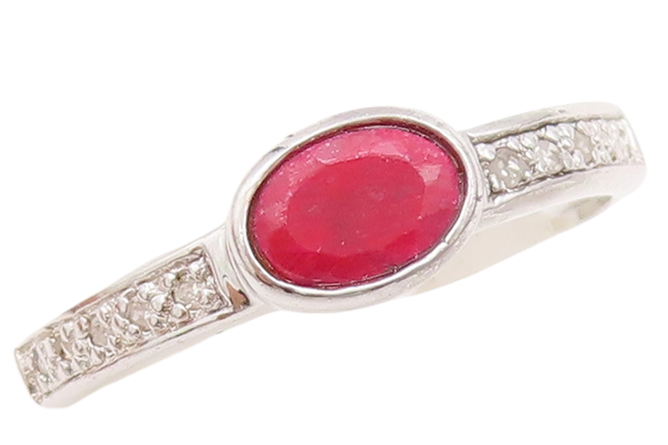 925 Sterling Silver Vintage Ring Oval Cut Ruby Real Diamonds Inlay Sz 8 RG29234