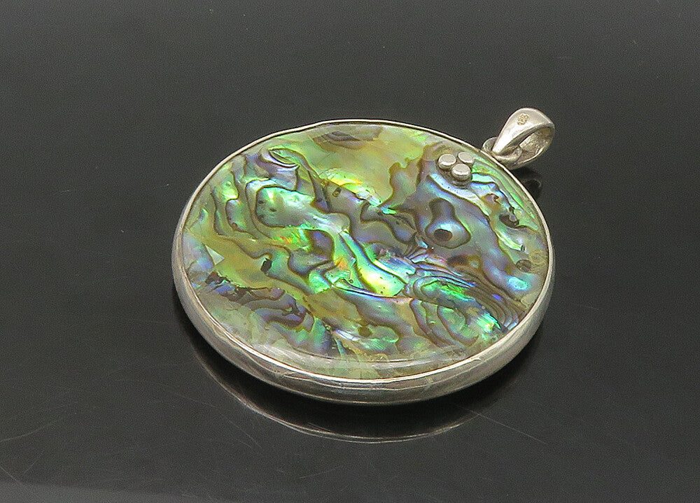 925 Sterling Silver Vintage Abalone Shell Double Sided Floral Pendant PT18133
