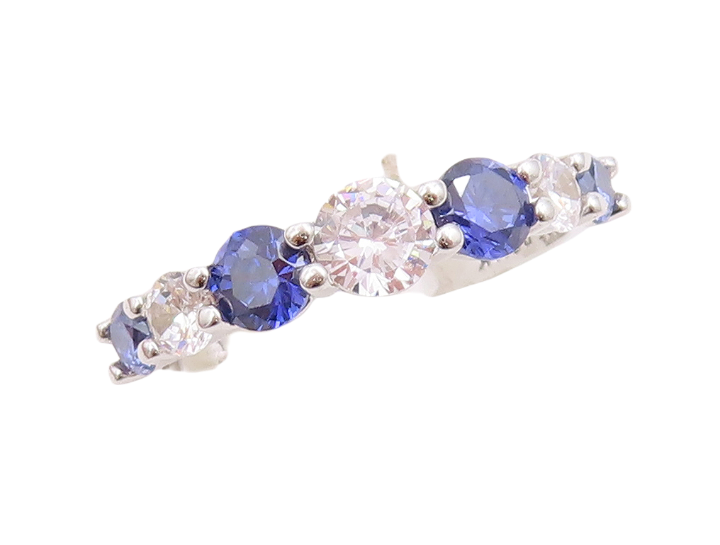 925 Sterling Silver Vintage Ring Round Cut Blue & White CZ Band  Sz 7.5  RG30523