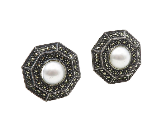 JUDITH JACK 925 Sterling Silver  Vintage Pearl & Marcasite Earrings  EG5457