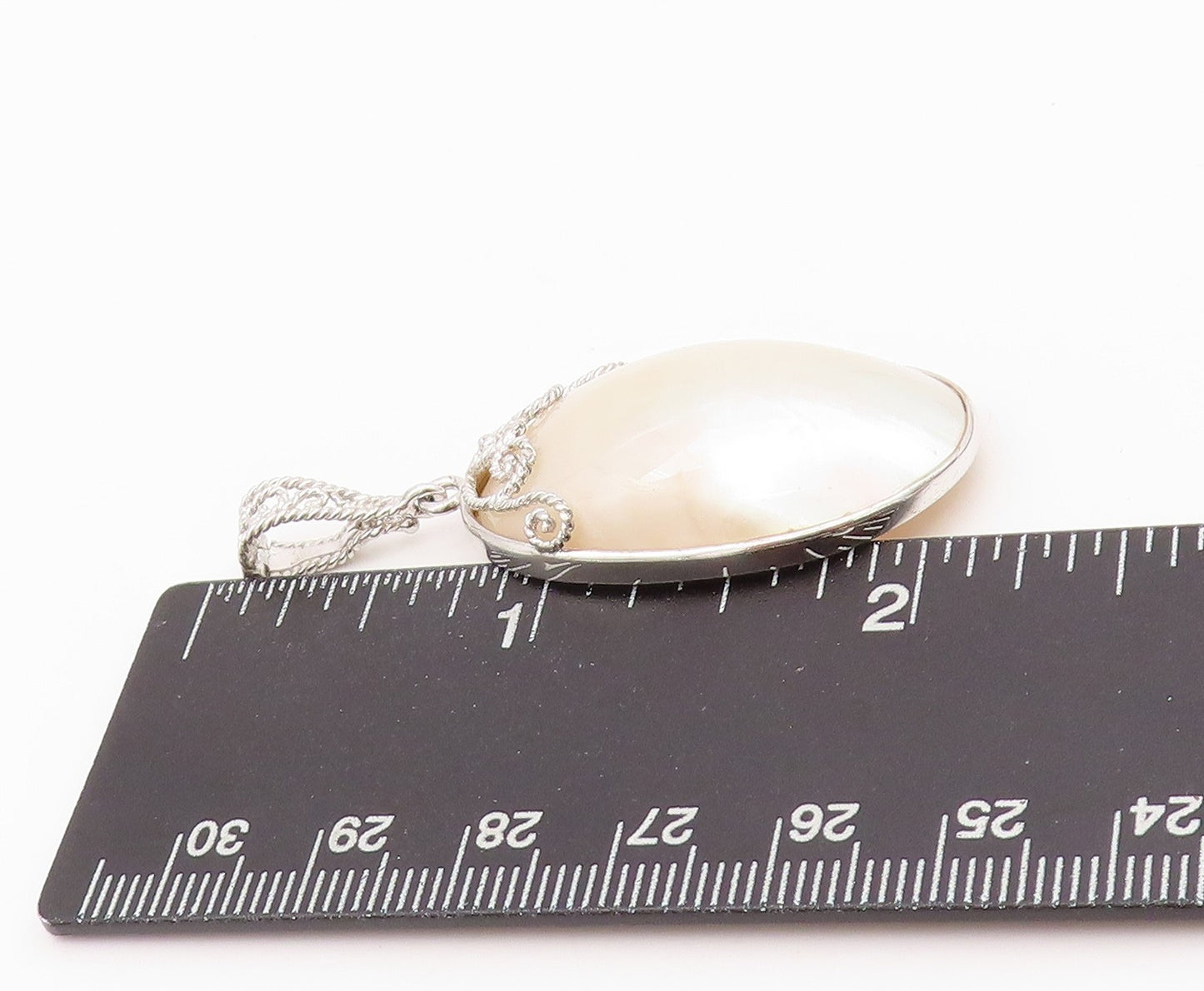 925 Sterling Silver Vintage Pendant Modernist Carved Mother Of Pearls  PT24320