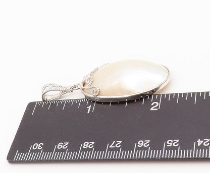 925 Sterling Silver Vintage Pendant Modernist Carved Mother Of Pearls  PT24320