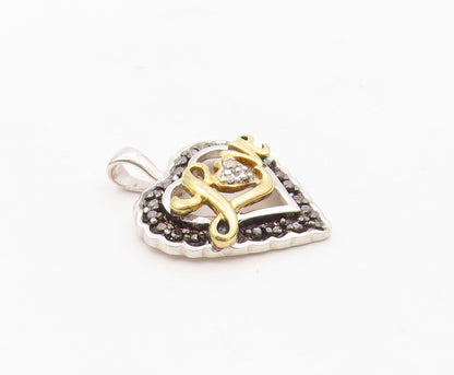 925 Sterling Silver  Genuine Diamonds Two Tone Love Heart Pendant  PT7923