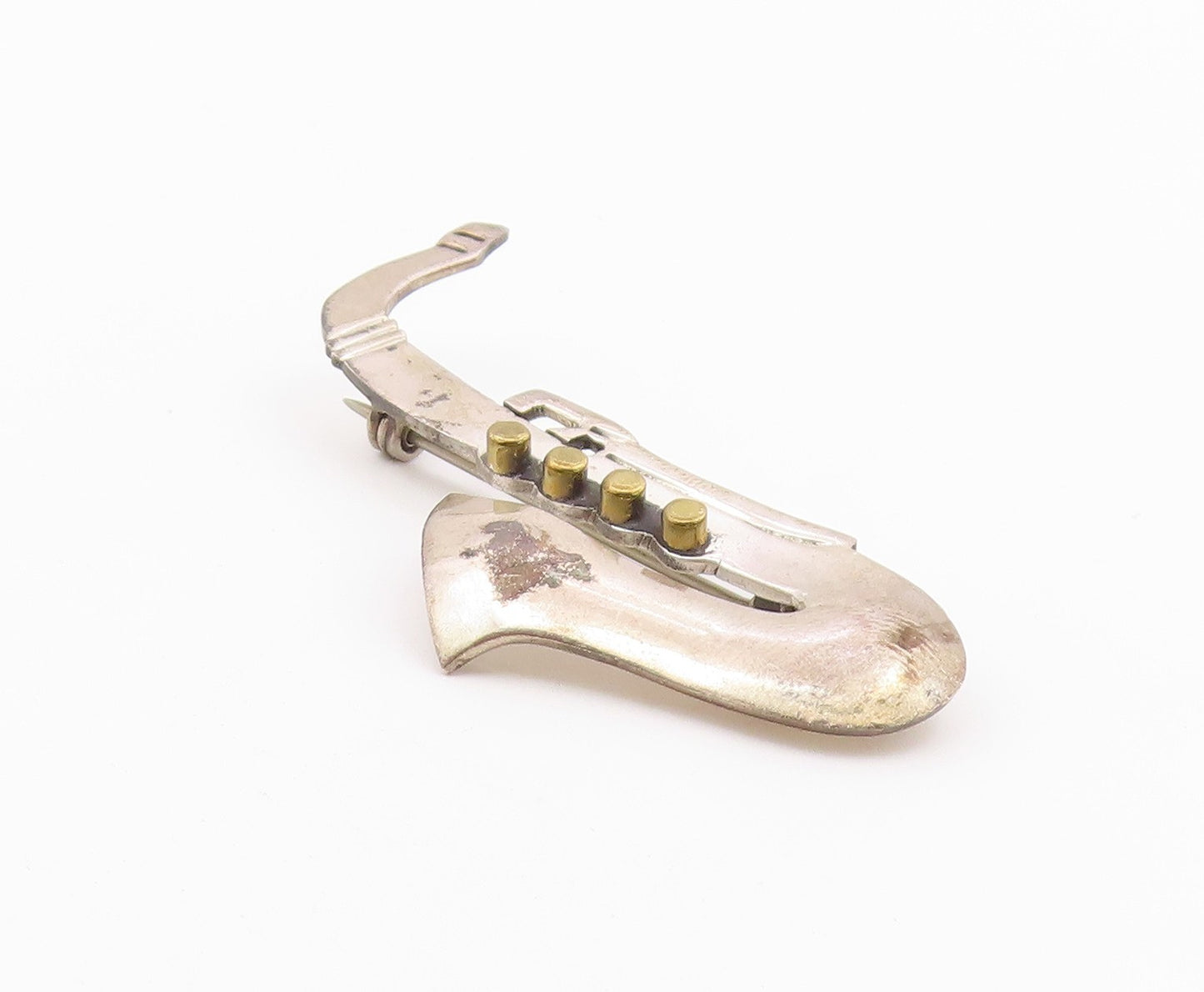 MEXICO 925 Sterling Silver  Vintage Two Tone Saxophone Brooch Pin  BP6590