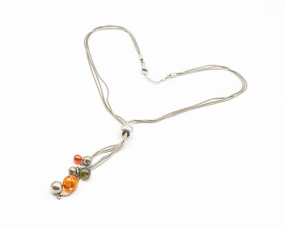 925 Sterling Silver  Vintage Amber Ball Bead Thin Chain Necklace  NE2304