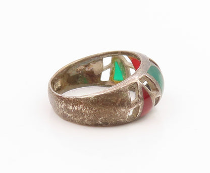925 Sterling Silver Vintage Ring Multi Gemstone Geometric Cutout  Sz 10  RG35852