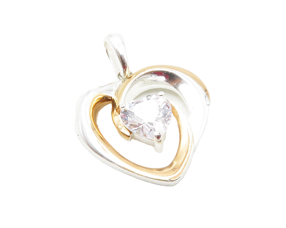 925 Sterling Silver  Shiny Cubic Zirconia Two Tone Love Heart Pendant  PT9976