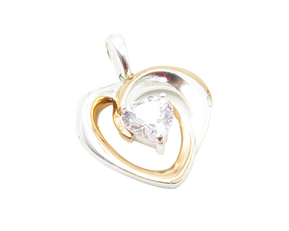 925 Sterling Silver  Shiny Cubic Zirconia Two Tone Love Heart Pendant  PT9976