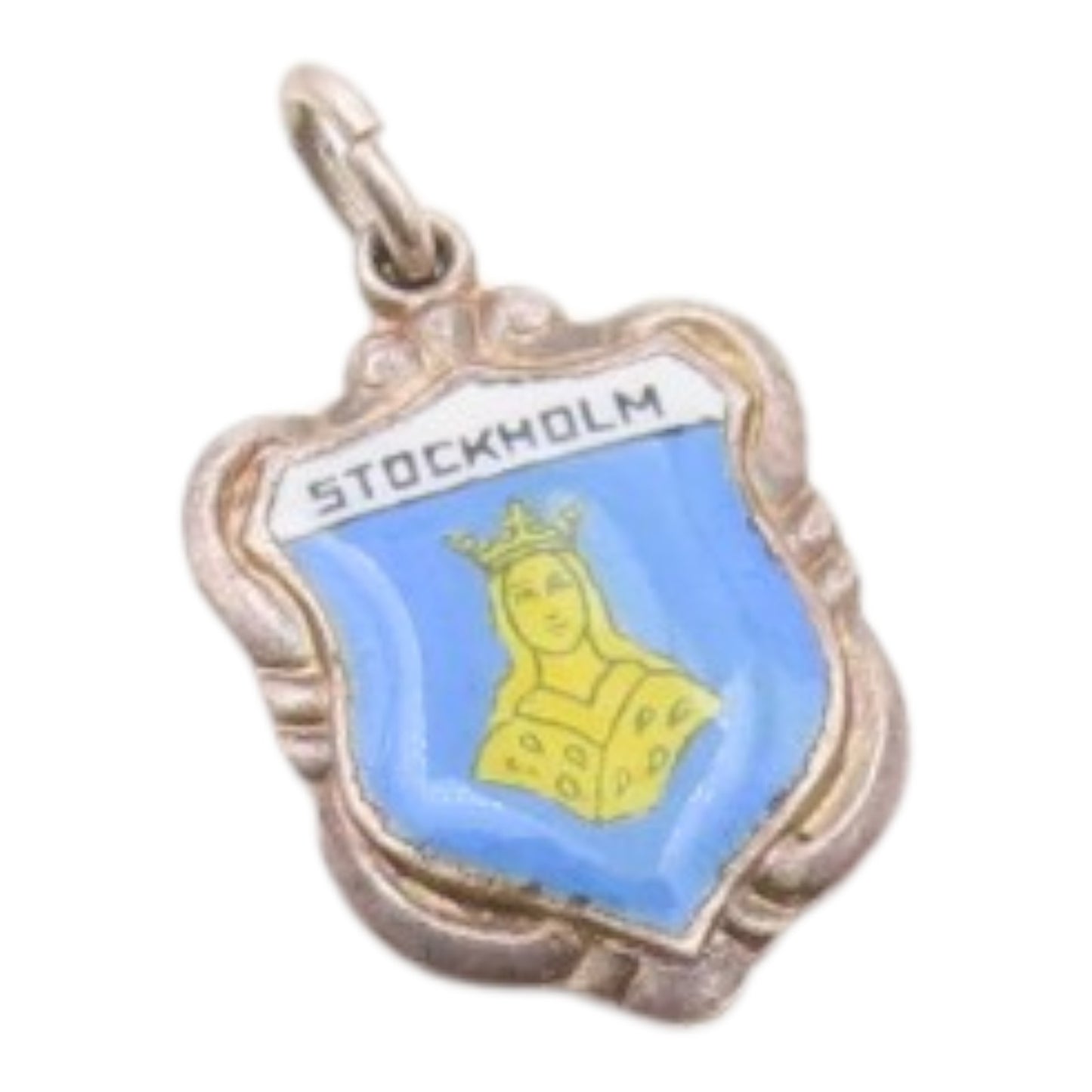 925 Sterling Silver  Vintage Enamel Stockholm Coat Of Arms Pendant  PT16397