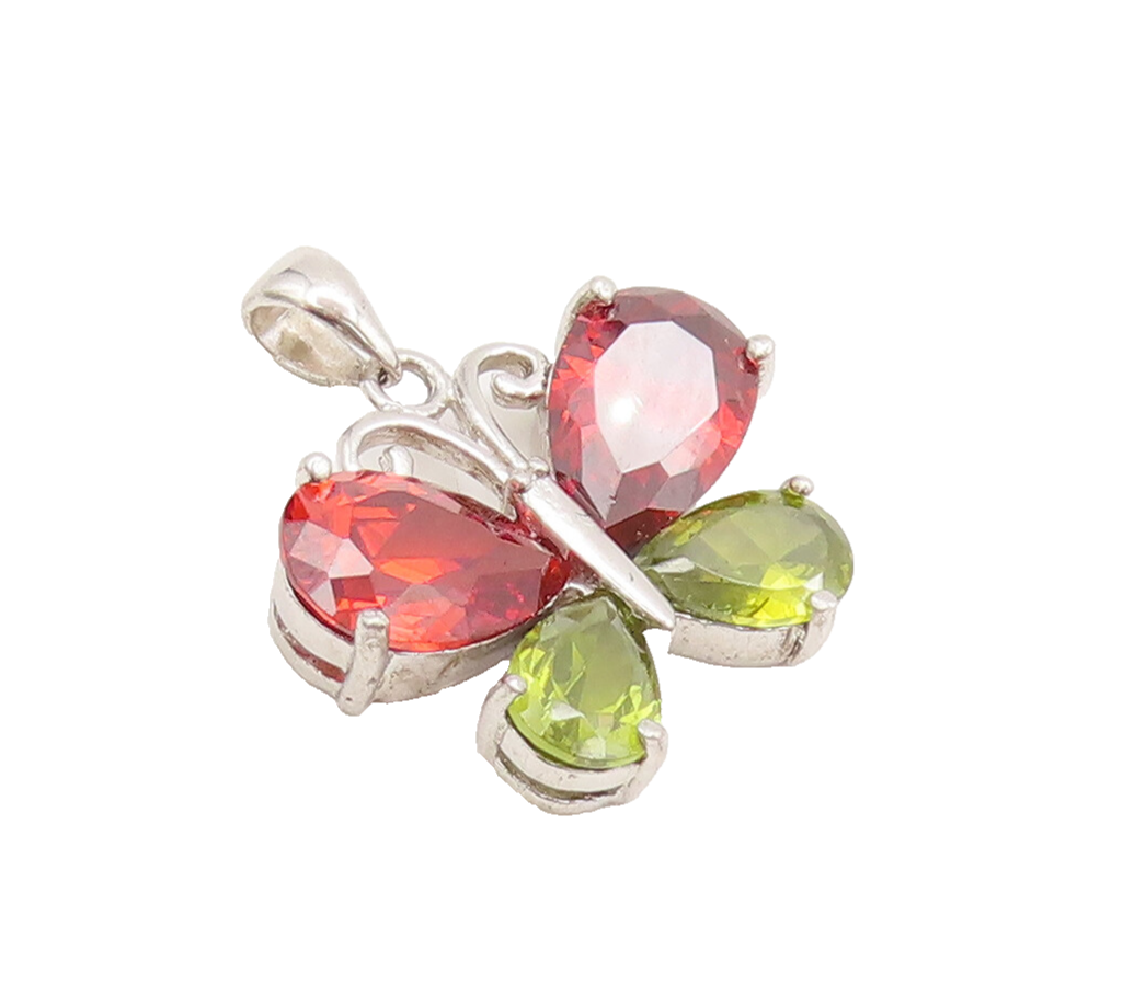 925 Sterling Silver  Vintage Cutout Garnet, Citrine Butterfly Pendant  PT22254